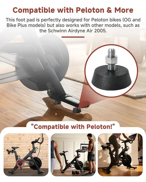 Heavy Duty Spin Bike Leveling Foot Pads 4 Pack With 3 8 Inch Stainless Steel Screws, rubber pad shown under Peloton bike for stability.