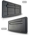 Front and back views of rear license plate holder for Tesla Model 3 and Model Y with bracket and screws