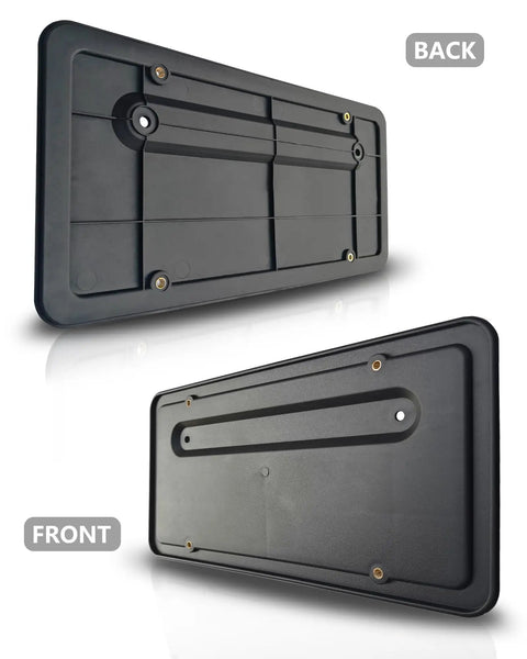 Front and back views of rear license plate holder for Tesla Model 3 and Model Y with bracket and screws