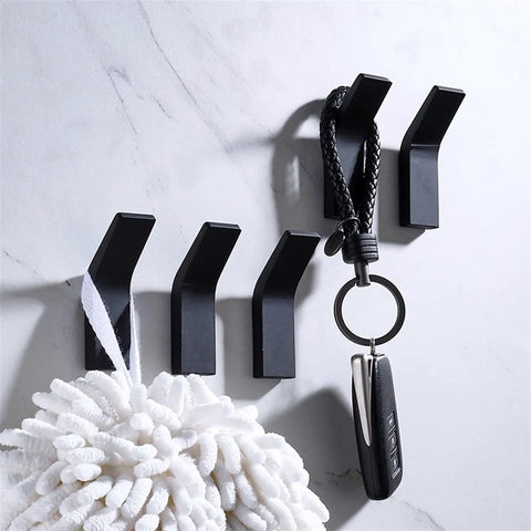 Pretty Slick No Drill Wall Mounted Robe Hooks For Bathroom Towels And Coats Straight Up Sturdy Aluminum Alloy Rack with keys and fluffy towel.