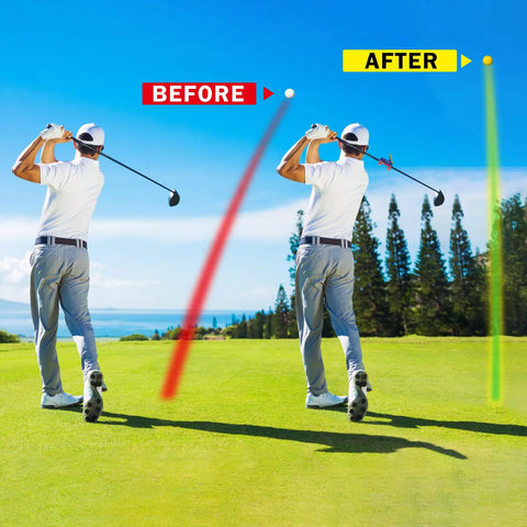 Golfer using Golf Swing Trainer with Direction Guides for Consistency Accuracy and Stability Real Deal Pro Grade Training Aid.