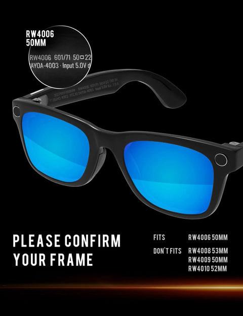 Ray-Ban Meta Wayfarer RW4006 50mm with text 'Please Confirm Your Frame' highlighting fit compatibility