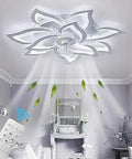 32 Inch Ceiling Fan With Lights And Remote Control, petal flower design in modern living room, light beams and remote visible
