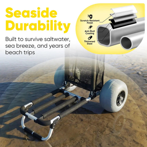Beach Wagon With 12 Inch Massive Wheels For Sand And All Terrain Hauling, showing heavy-duty frame and balloon tires on wet sand.