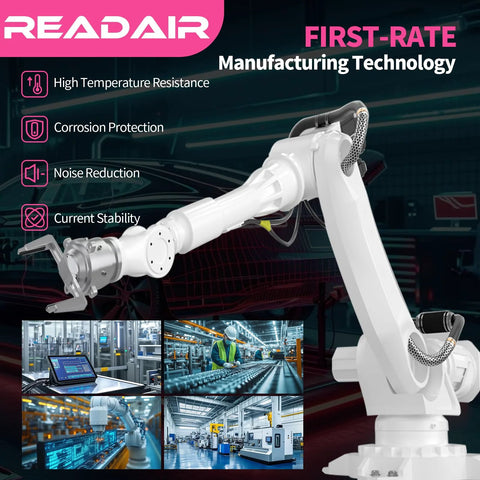 Industrial robotic arm in a manufacturing setting with icons for high temperature resistance and noise reduction features.