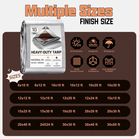 Heavy Duty 8x10 Ft Tarp Waterproof 10 Mil Thick Reversible Silver And Brown Outdoor Cover For Camping Tent Roof Boat Patio