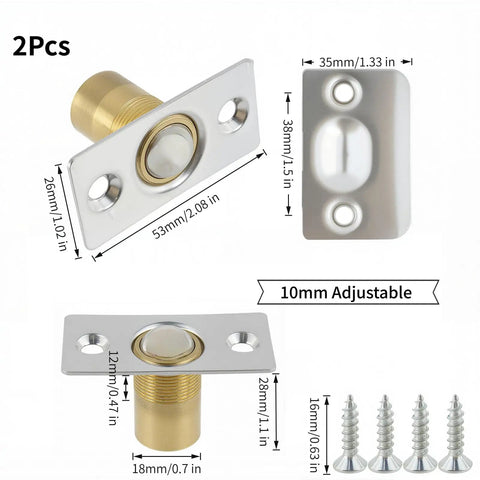 Two Pack Go-To Adjustable Ball Catch Closet Door Latches in silver finish with brass pin, durable stainless steel, easy install