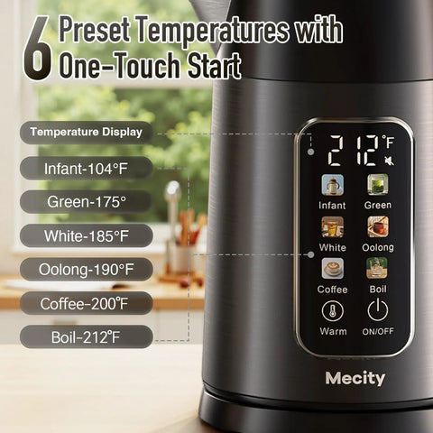 Close-up of dark grey Electric Kettle 1.7L With Clear Touch Screen Temperature Control displaying six preset temperatures