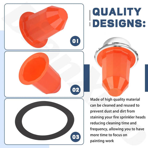 Kickass Magnetic Fire Sprinkler Covers 30 Pack Orange Ceiling Head Guard shown from multiple angles, highlighting cleanable design and flexibility.