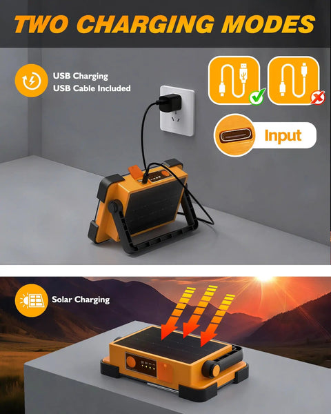 2 Pack Solar Rechargeable Work Light with 144 LED Beads and 10000LM showing USB and solar charging modes