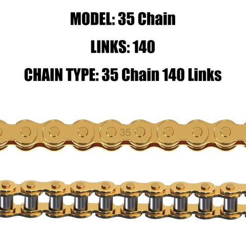 Close-up of gold mini-bike chain, 35-chain, 140 links, metal roller chain