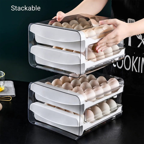 Person stacking Double Layer Egg Storage Container For Refrigerator With Drawer Style Stackable Egg Holder Clear Plastic Tray Holds 40 Eggs