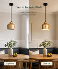 efperfect 7.5 in Gold Pendant Light Fixture, Modern Kitchen Island Lighting above a dining table with warm light on.