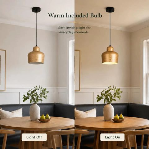 efperfect 7.5 in Gold Pendant Light Fixture, Modern Kitchen Island Lighting above a dining table with warm light on.