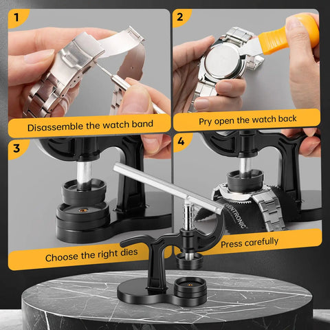 Step-by-step guide using 16Pcs Watch Press Tool Set With Back Case Closer For Closing Watch Covers Battery Replacement