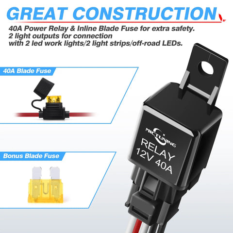 Off Road LED Light Bar Wiring Harness With 40A Relay Inline Fuse And On Off Switch, showing 40A relay and blade fuse.