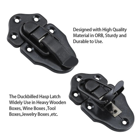 Duckbilled Toggle Hasp Latch Set 2 Pack with screws, shown in oil rubbed bronze finish for wooden cases and cabinets.