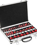 Badass 35 Piece Router Bit Set With 6Mm Shank And Tungsten Carbide Edges displayed in rugged metal box open for woodworking use.