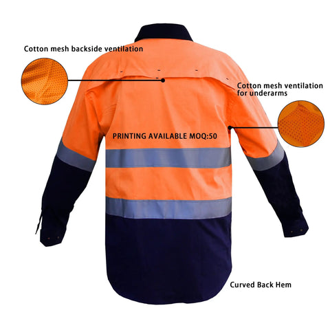 Mens Heavy Duty Go To Hi Viz Safety Shirt With Slick 360 Degree Reflective Tape Boss Level Ansi Class 3 Work Apparel All Day Comfort Cotton Utility Shirt Orange Navy Blend showing ventilation details.