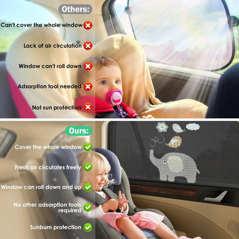Baby Car Window Shades Breathable Mesh UV Protection Sun Covers Universal Fit Stretchable For Toddlers Kids And Pets Two Pack show differences between ours and others, featuring a child in a car seat with and without a sunshade.