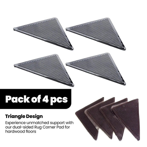 Heavy Duty Non Slip Rug Corner Pads With Reusable Dual Sided Adhesive Grip For Hardwood Floors And Area Rugs Keeps Rugs In Place And Flat Stay Put No More Slipping Curling Or Bunching 4 Pack showing four triangle pads