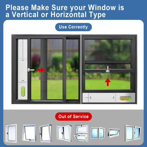 Illustration showing correct vertical and horizontal window types for Portable AC Window Vent Kit with adjustable panels.