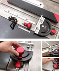 Pro Level Precision Miter Gauge For Table Saw And Router Table Featuring Micro Flip Stop and Extendable Fence shown in use on a table.