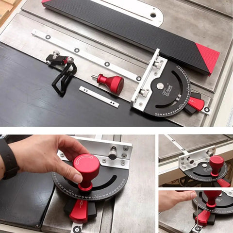 Pro Level Precision Miter Gauge For Table Saw And Router Table Featuring Micro Flip Stop and Extendable Fence shown in use on a table.