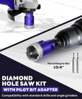 Image showing 9 Piece Diamond Hole Saw Kit With Pilot Bit Adapter For Porcelain Ceramic Granite Marble And Stone Pro Grade Thickened Diamond Core Drill Bits from Quarter Inch to One and Three Eighths Inch Includes Tile Shaping Rod Precision Start Design attached to a standard drill, ready for use on marble surface.