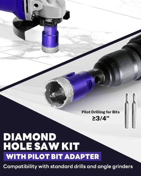 Image showing 9 Piece Diamond Hole Saw Kit With Pilot Bit Adapter For Porcelain Ceramic Granite Marble And Stone Pro Grade Thickened Diamond Core Drill Bits from Quarter Inch to One and Three Eighths Inch Includes Tile Shaping Rod Precision Start Design attached to a standard drill, ready for use on marble surface.