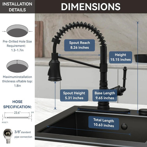 Dimensions and specifications of Matte Black Kitchen Faucet With Pull Down Sprayer One Handle Pull Out Design Single Level Sink Tap Easy Install Modern Durable Finish For Busy Kitchens.