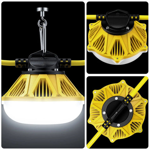 Rugged 50 Ft LED Construction String Lights With 5 Sockets 100W 13000LM Aluminum Housing Work Light, close-ups of the design