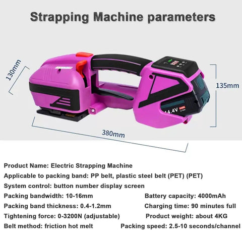 Rugged Electric Welding Strapping Machine Battery Powered Automatic Pet And Pp Strap Bundler in pink with display screen and dual battery.