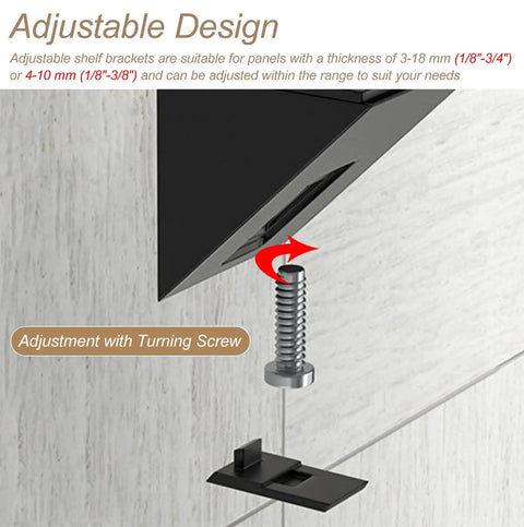 Heavy Duty Adjustable Floating Shelf Brackets With Glass Clamps And Cabinet Partitions Panels Mount Kit Wall Mounted Shelves Hardware Set in black with turning screw