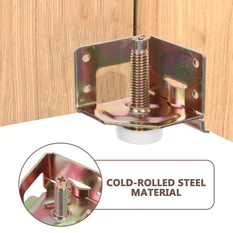 No Wobble Adjustable Furniture Leveling Feet Set For Workbenches And Shelves 4 Pack Heavy Duty Cold Rolled Steel Easy Install Height Precision Golden Finish on corner bracket