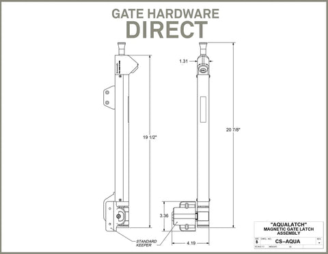 Technical drawing of Magnetic Pool Safety Gate Latch, 20 Inch Tall, Black, Keyed Alike Lock For Vinyl Wood And Metal Gates, side view.