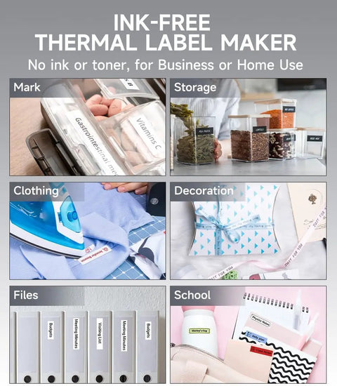 Pretty Slick Portable Label Maker With Bluetooth Pairing And Durable Mono Ribbon Tape For Totally Neat Home Desks And Dorms Super Pocket Sized Sticker Creator used on various items like jars, clothing, and files.