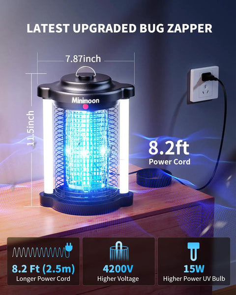 Outdoor Bug Zapper With Dual LED Lights For Mosquitoes And Flies, 4200V Electric Fly Trap, 15W Power shown on wooden table