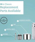 Components of Otis Classic whipped cream dispenser, including charger holder, cap, nozzle base, and screws, all stainless steel.