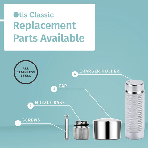 Components of Otis Classic whipped cream dispenser, including charger holder, cap, nozzle base, and screws, all stainless steel.