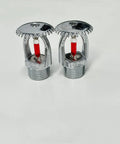 Set Of Two Upright Fire Sprinkler Heads With Half Inch Npt Threads Chrome Plated Copper Housing One Fifty Five Fahrenheit Activation shown from the front.