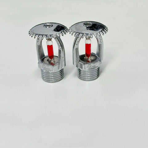 Set Of Two Upright Fire Sprinkler Heads With Half Inch Npt Threads Chrome Plated Copper Housing One Fifty Five Fahrenheit Activation shown from the front.