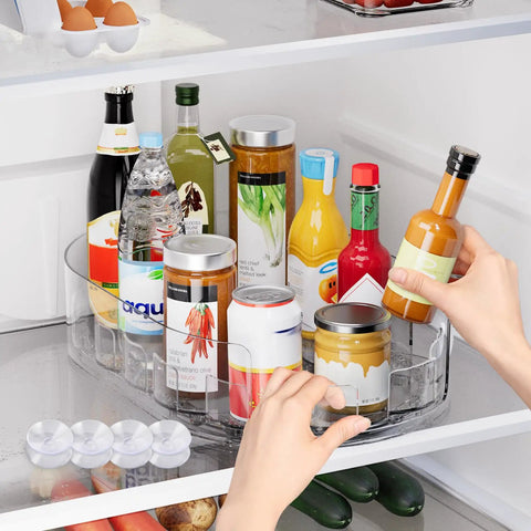 Fridge Spice Lazy Susan Organizer With 360 Degree Rotation in a fridge holding condiments, emphasizing easy access and clear acrylic material.