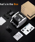 Mixed Denomination Money Counter Machine For Small Biz And Retail, Commercial Grade Bill Counter with box contents on display