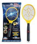 Image of an Electric Fly Zapper Racket Battery Operated Bug Killer with a yellow 44 cm long racket and safe 3-layer mesh design