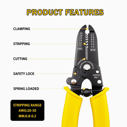 Heavy Duty Wire Stripper And Cutter Tool For 20-30 AWG Solid And Stranded Wires, Spring Loaded, showing product features