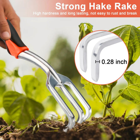 Beast Mode Heavy Duty Hand Cultivator With Ergonomic Handle Three Claw Garden Rake in use with close-up of 0.28 inch tine thickness
