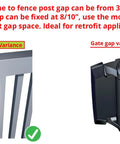 Gate hinge installation guide showing gap variance 3/8" to 7/8" for Heavy Duty Square Gate Hinges Pair With Self Closing Tension Dial Pool Fence Brackets And Pet Barriers Polymer Build Keeps Outdoor Swing Super Smoove And Hella Strong.
