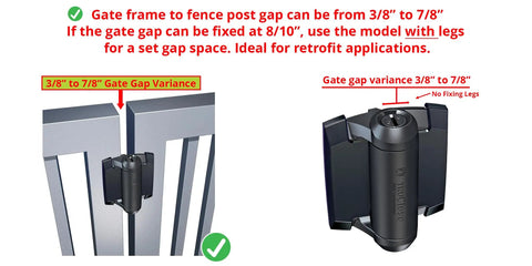 Gate hinge installation guide showing gap variance 3/8" to 7/8" for Heavy Duty Square Gate Hinges Pair With Self Closing Tension Dial Pool Fence Brackets And Pet Barriers Polymer Build Keeps Outdoor Swing Super Smoove And Hella Strong.