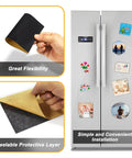 Cuttable Magnetic Sheets Six Pack 8 By 10 Inches With Adhesive Backing showing flexibility and use on fridge with magnets and stickers.